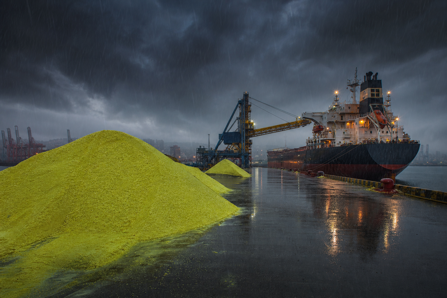 Sulfur terminal dock at dusk in rain