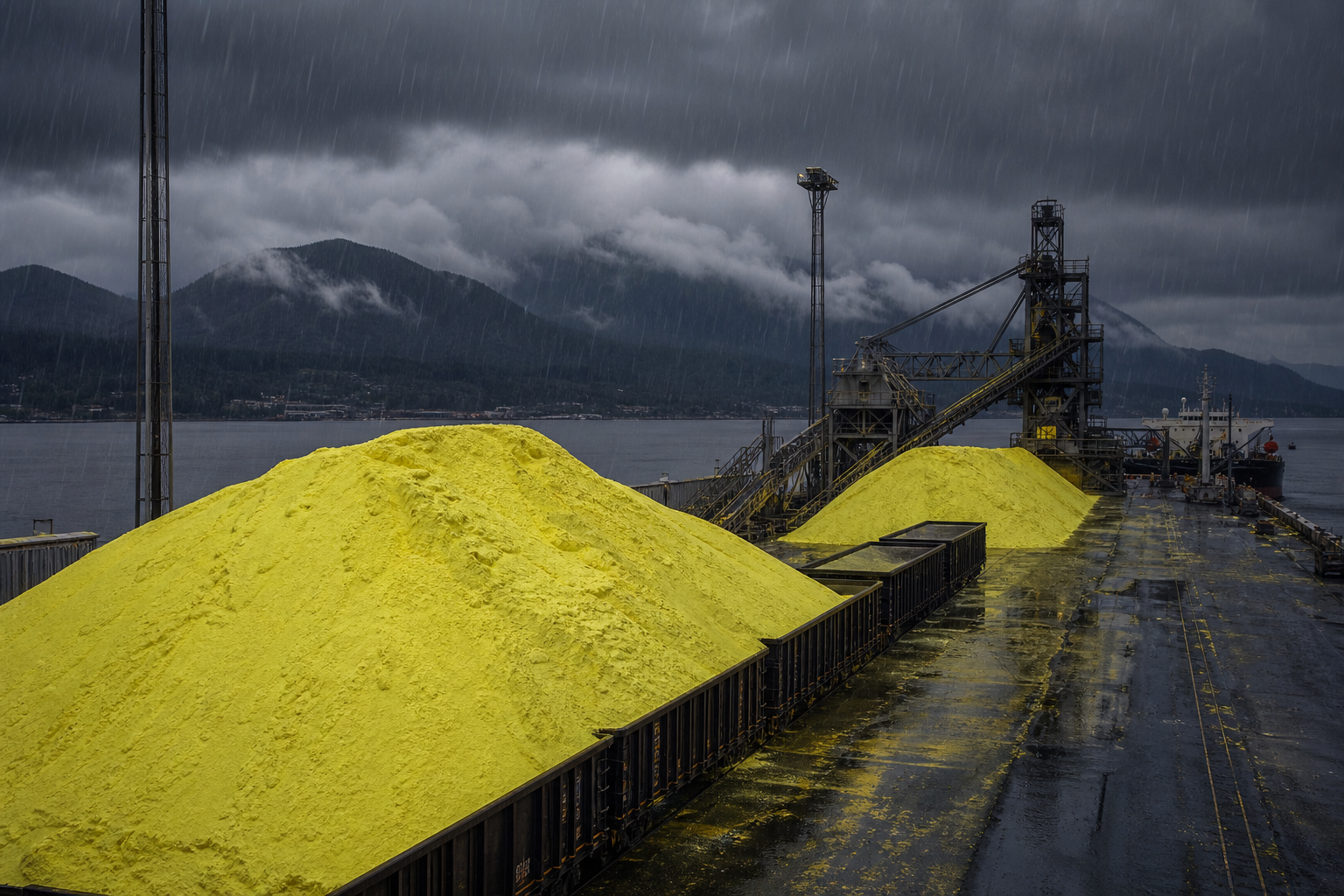 Formed sulfur piled at a Pacific bulk terminal under a dark sky